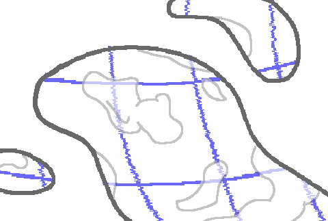 Illustration of pools of water reflecting the skies above. There are odd
grid lines in the reflection.