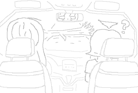 Illustration showing the interior of Meridian's minivan. There is a
fallen tree blocking the way. Meridian's reflection is visible in the
mirror. She looks distraught